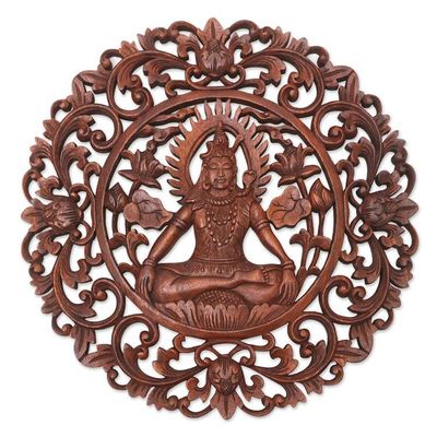 Alternate image for Brown Suar Wood Leafy Relief Panel of Sage Shiva Sacred Shiva