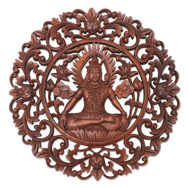Alternate image for Brown Suar Wood Leafy Relief Panel of Sage Shiva Sacred Shiva