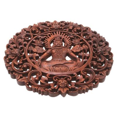 Alternate image for Brown Suar Wood Leafy Relief Panel of Sage Shiva Sacred Shiva
