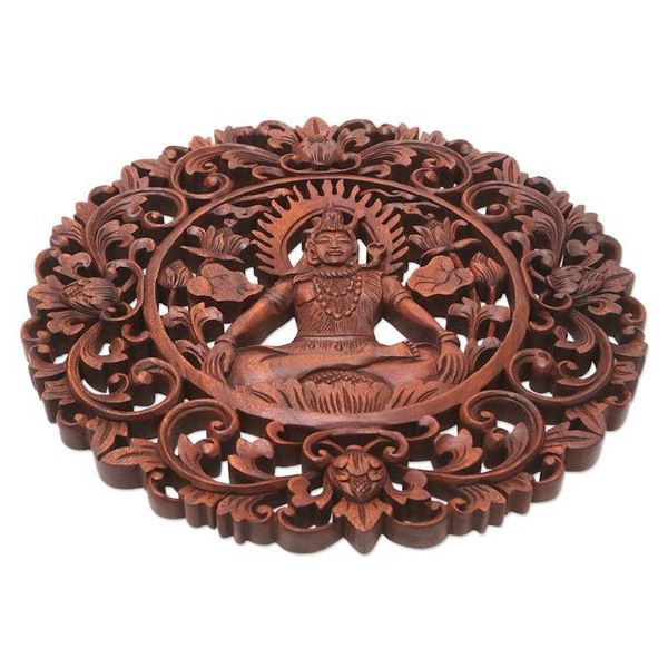 Alternate image for Brown Suar Wood Leafy Relief Panel of Sage Shiva Sacred Shiva