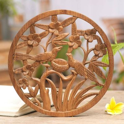 Alternate image for Bird Floral and Leaf Relief Panel Hand-Carved from Wood Morning Frangipani