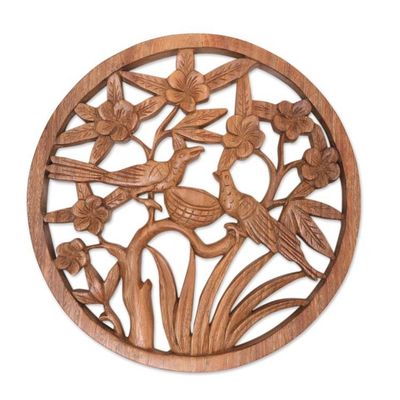 Alternate image for Bird Floral and Leaf Relief Panel Hand-Carved from Wood Morning Frangipani
