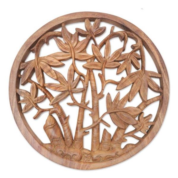 Alternate image for Palm-Themed Relief Panel Hand-Carved from Wood in Bali Palm Vibes