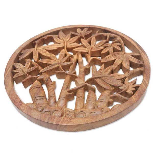 Alternate image for Palm-Themed Relief Panel Hand-Carved from Wood in Bali Palm Vibes