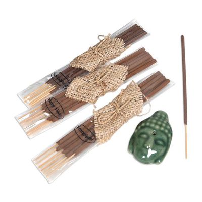 Alternate image for Buddha-Themed Green Ceramic Incense Set with 18 Sticks Green Vesak Celebration