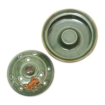Alternate image for Handmade Porcelain Mosquito Coil Holder with Frog Motif Frog with Polka Dots