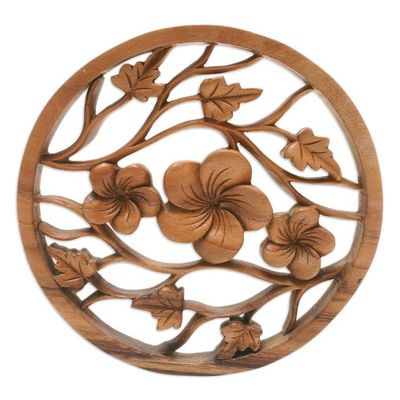 Alternate image for Hand-Carved Wood Relief Panel with Frangipani and Leaf Motif Frangipani Trio