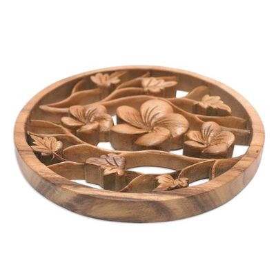 Alternate image for Hand-Carved Wood Relief Panel with Frangipani and Leaf Motif Frangipani Trio