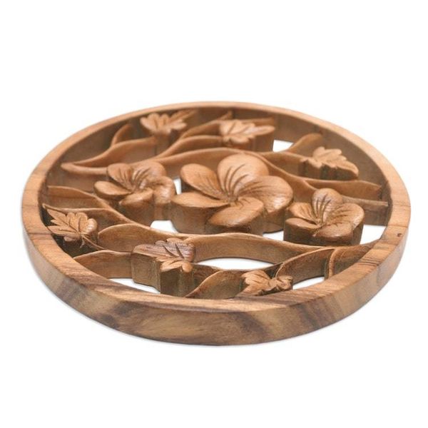 Alternate image for Hand-Carved Wood Relief Panel with Frangipani and Leaf Motif Frangipani Trio
