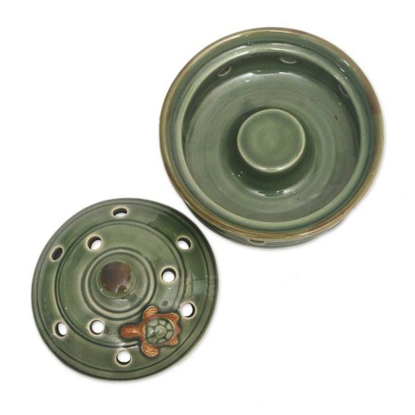 Alternate image for Green Handmade Turtle-Themed Porcelain Mosquito Coil Holder Turtle with Polka Dots