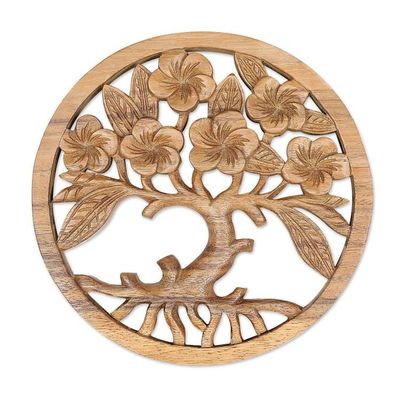 Alternate image for Hand-Carved Suar Wood Relief Panel of Tree and Flowers Frangipani Spring