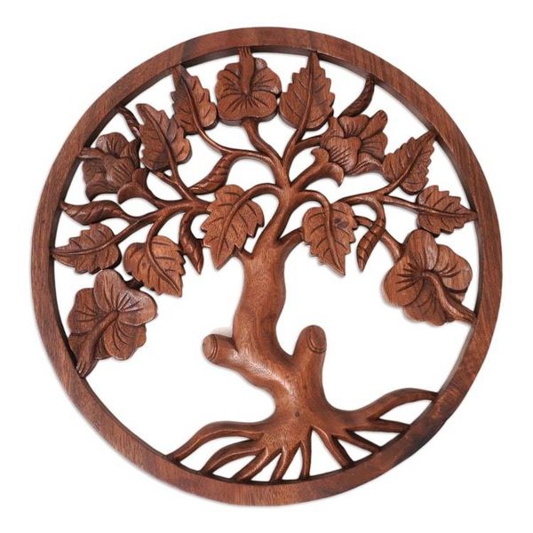 Alternate image for Hand-Carved Suar Wood Relief Panel of Hibiscus Tree Hibiscus Charm