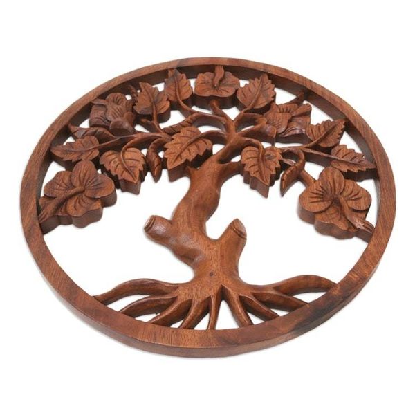 Alternate image for Hand-Carved Suar Wood Relief Panel of Hibiscus Tree Hibiscus Charm