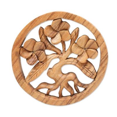 Alternate image for Hand-Carved Frangipani-Themed Suar Wood Relief Panel Little Frangipani