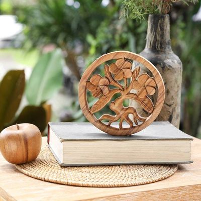 Alternate image for Hand-Carved Frangipani-Themed Suar Wood Relief Panel Little Frangipani