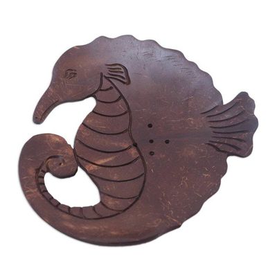 Alternate image for Aquatic Coconut Shell Soap Holder Hand Carved in Bali Serene Seahorse
