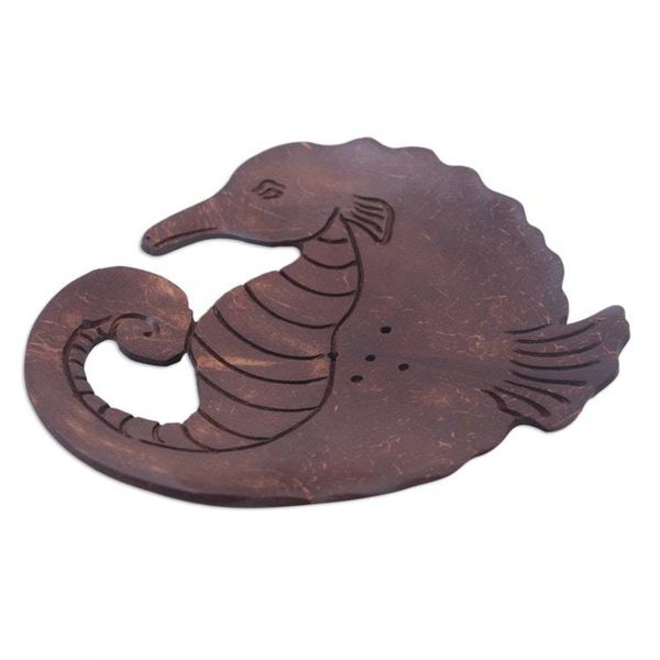 Alternate image for Aquatic Coconut Shell Soap Holder Hand Carved in Bali Serene Seahorse