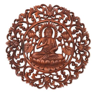 Alternate image for Brown Suar Wood Leafy Relief Panel of Sage Buddha Vitarka Sage