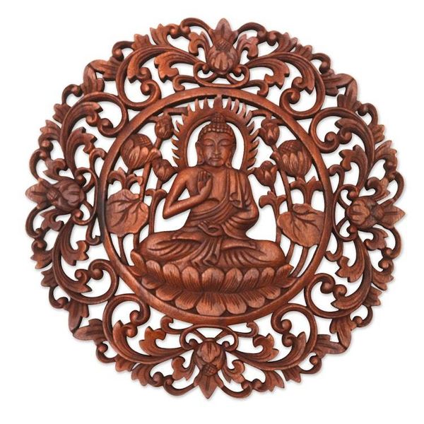 Alternate image for Brown Suar Wood Leafy Relief Panel of Sage Buddha Vitarka Sage