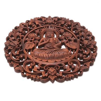 Alternate image for Brown Suar Wood Leafy Relief Panel of Sage Buddha Vitarka Sage