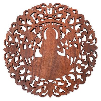 Alternate image for Brown Suar Wood Leafy Relief Panel of Sage Buddha Vitarka Sage
