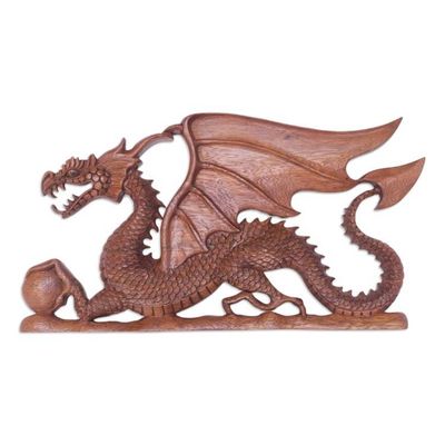 Alternate image for Hand-Carved Suar Wood Relief Panel with Dragon Ancestral Dragon