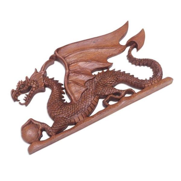 Alternate image for Hand-Carved Suar Wood Relief Panel with Dragon Ancestral Dragon