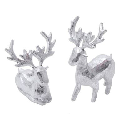 Alternate image for Pair of Holiday Reindeer Wood Figurines Handcrafted in Bali Silver Reindeer