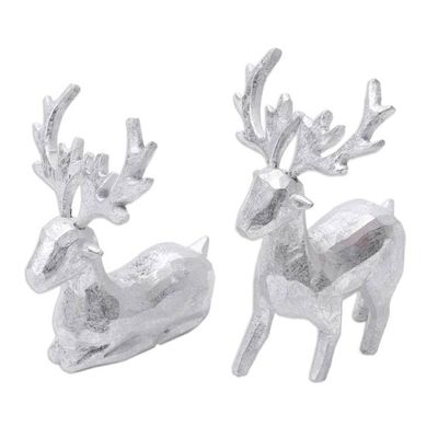Alternate image for Pair of Holiday Reindeer Wood Figurines Handcrafted in Bali Silver Reindeer