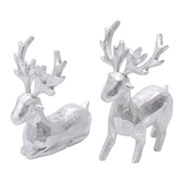 Alternate image for Pair of Holiday Reindeer Wood Figurines Handcrafted in Bali Silver Reindeer