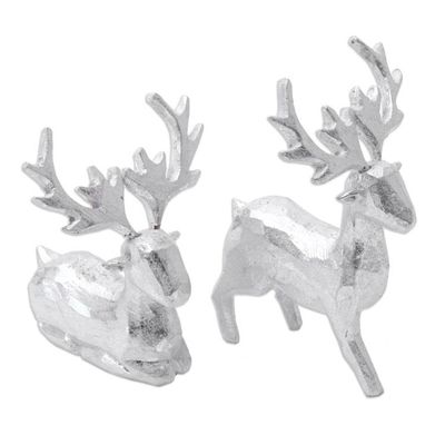 Alternate image for Pair of Holiday Reindeer Wood Figurines Handcrafted in Bali Silver Reindeer