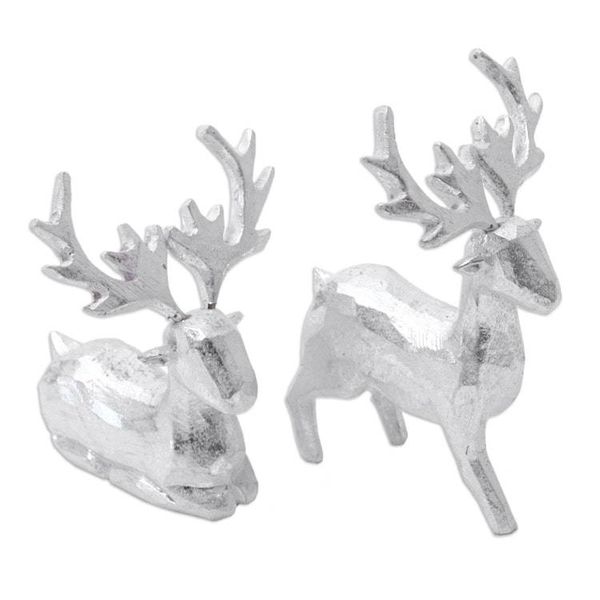 Alternate image for Pair of Holiday Reindeer Wood Figurines Handcrafted in Bali Silver Reindeer