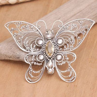 Alternate image for Sterling Silver Butterfly Filigree Brooch with Citrine Stone Glowing Butterfly