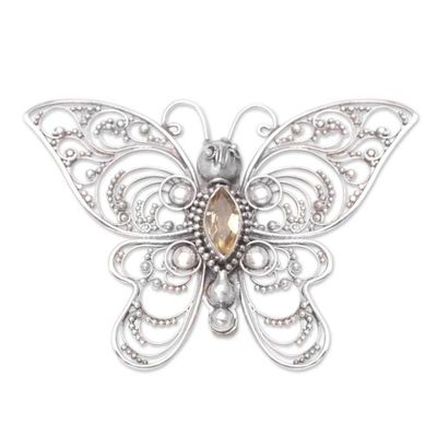 Alternate image for Sterling Silver Butterfly Filigree Brooch with Citrine Stone Glowing Butterfly