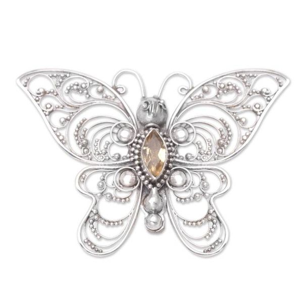 Alternate image for Sterling Silver Butterfly Filigree Brooch with Citrine Stone Glowing Butterfly