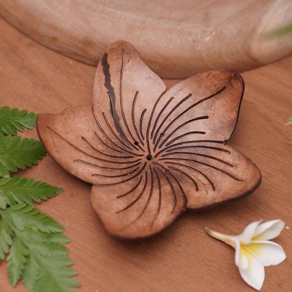 Balinese Artisan Made Floral Coconut Shell Soap Dish 'Hibiscus Home'