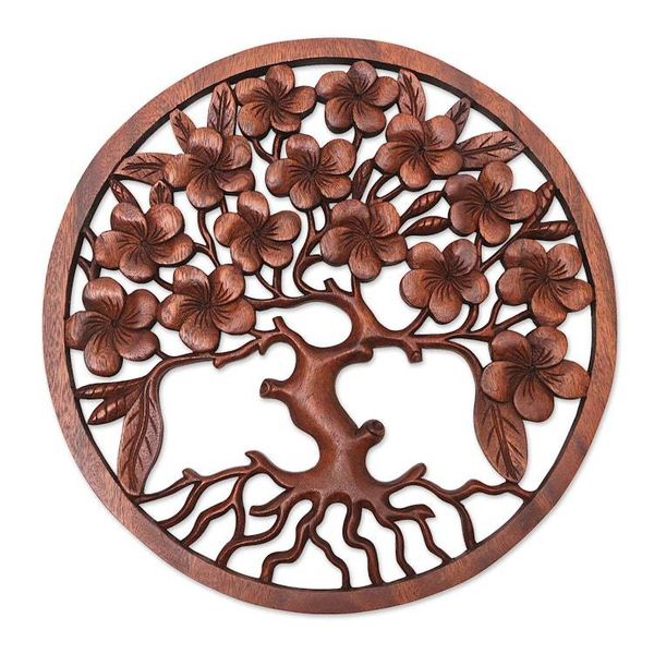 Alternate image for Brown Suar Wood Leafy Relief Panel Handcrafted in Bali Fertility Leaves