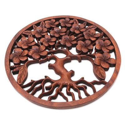 Alternate image for Brown Suar Wood Leafy Relief Panel Handcrafted in Bali Fertility Leaves