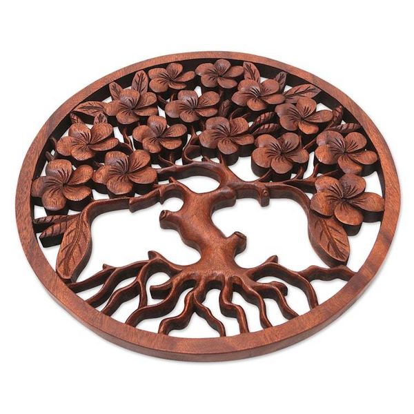 Alternate image for Brown Suar Wood Leafy Relief Panel Handcrafted in Bali Fertility Leaves