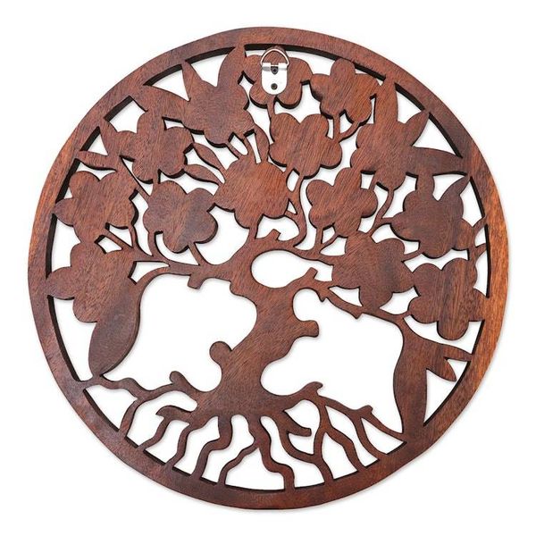Alternate image for Brown Suar Wood Leafy Relief Panel Handcrafted in Bali Fertility Leaves