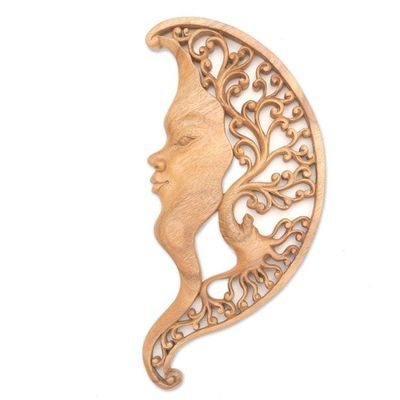 Alternate image for Hand Made Suar Wood Moon-Motif Relief Panel Moon Over Garden