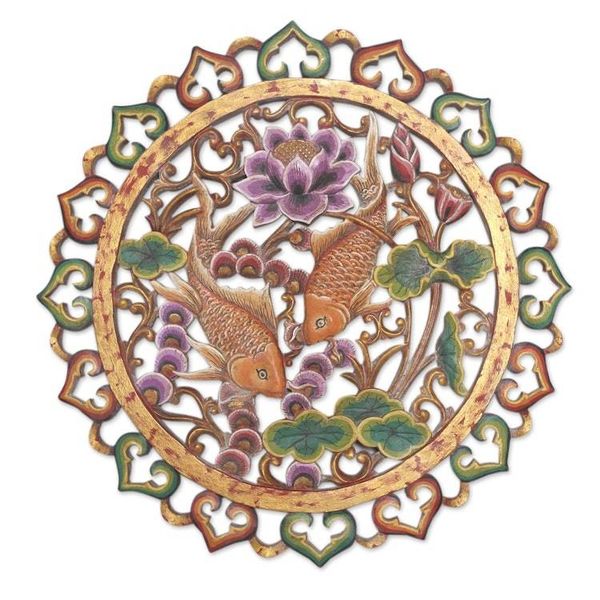 Alternate image for Hand Crafted Suar Wood Relief Panel Floating Koi