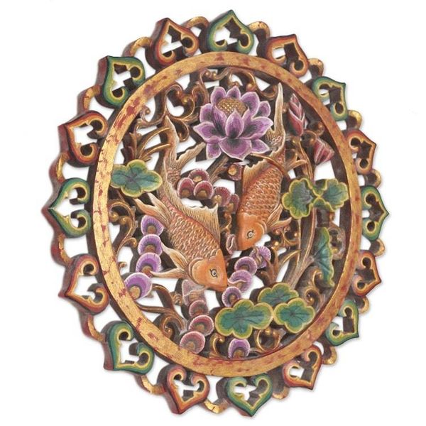 Alternate image for Hand Crafted Suar Wood Relief Panel Floating Koi
