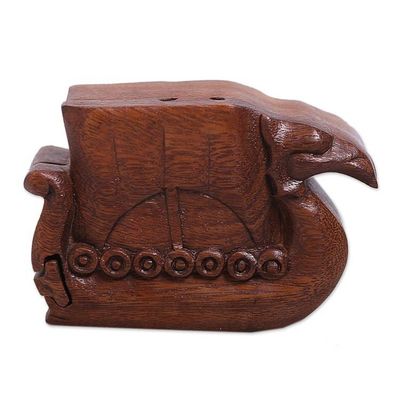 Alternate image for Hand Carved Suar Wood Puzzle Box Swan Ship