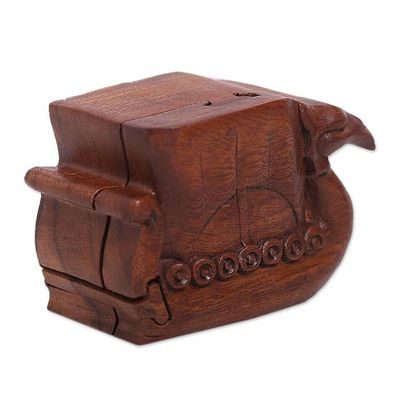 Alternate image for Hand Carved Suar Wood Puzzle Box Swan Ship