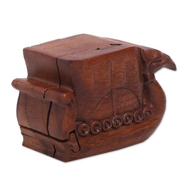 Alternate image for Hand Carved Suar Wood Puzzle Box Swan Ship