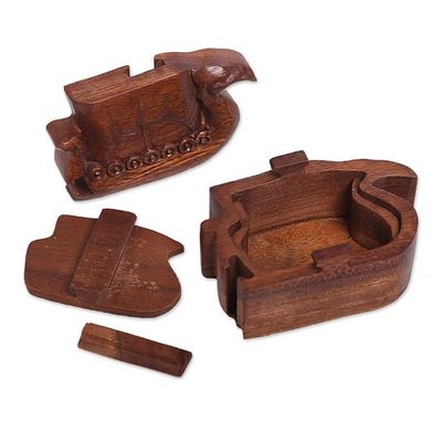 Alternate image for Hand Carved Suar Wood Puzzle Box Swan Ship