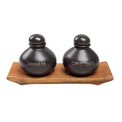 Alternate image for Ceramic Bath Accessory Set with Teak Wood Tray 3 Pieces Bath Day