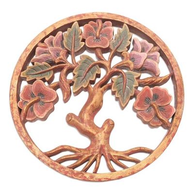 Alternate image for Hand Carved Suar Wood Tree-Motif Relief Panel Hibiscus Garden