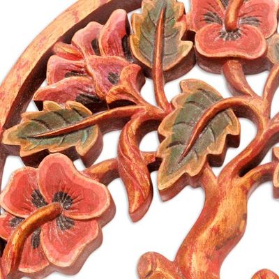 Alternate image for Hand Carved Suar Wood Tree-Motif Relief Panel Hibiscus Garden